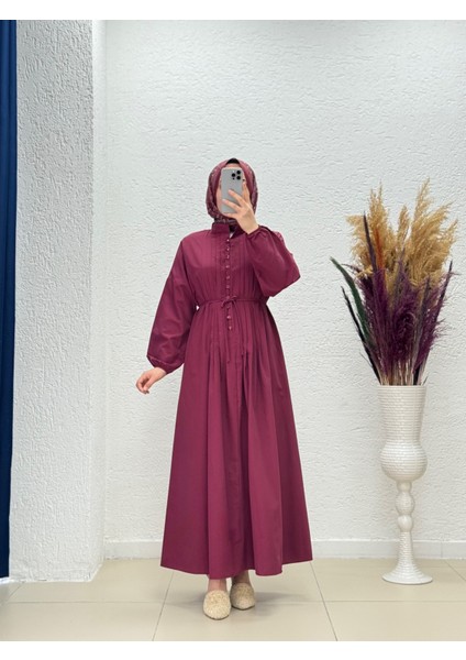 Maruna Poplin Pileli Düğmeli ELBISE-NA2404 Bordo