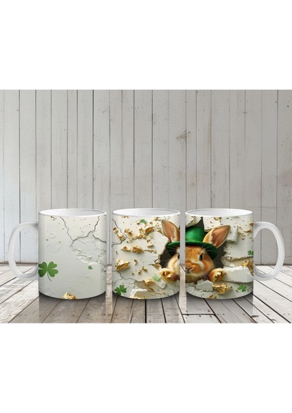Şapkalı Tavşan ve Yonca Süsleri – Baskılı Kahve Kupası