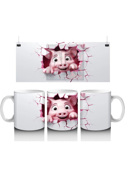 Pembe Kalplerle Süslenmiş Mutlu Domuscuk – Baskılı Kahve Kupası