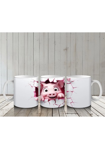 Pembe Kalplerle Süslenmiş Mutlu Domuscuk – Baskılı Kahve Kupası