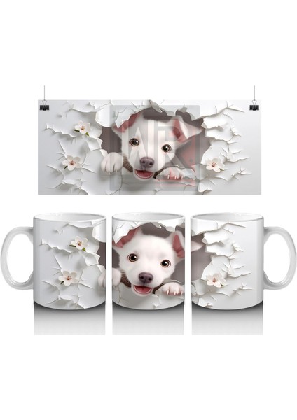 Beyaz Çiçekler Arasında Yavru Köpek – Baskılı Kahve Kupası