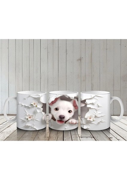 Beyaz Çiçekler Arasında Yavru Köpek – Baskılı Kahve Kupası