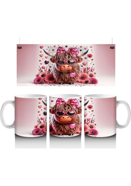 Güllerle Çevrili Kalpli Boğa Figürü – Baskılı Kahve Kupası