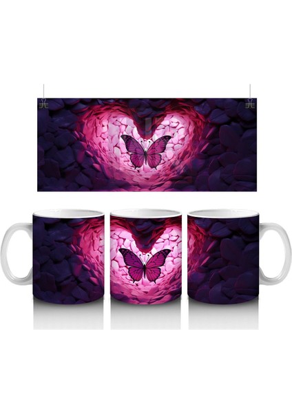 Kalp Şeklinde Işıltılı Taşlar Arasında Kelebek – Baskılı Kahve Kupası
