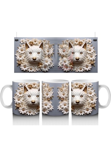 Güllerle Süslenmiş Simetrik Kedi Yüzleri – Baskılı Kahve Kupası