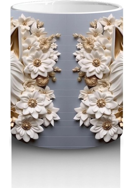 Güllerle Süslenmiş Simetrik Kedi Yüzleri – Baskılı Kahve Kupası modelleri