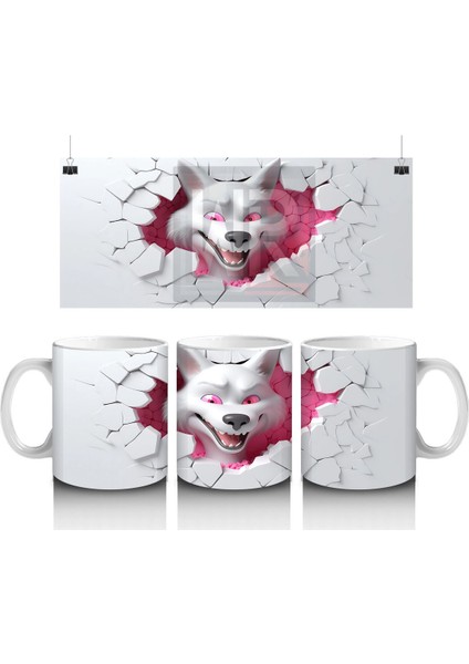 Çatlak Duvar Arasında Pembe Gözlü Kurt Figürü - Baskılı Kahve Kupası