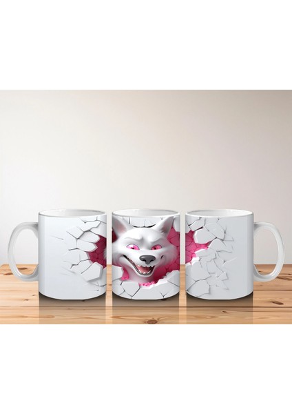 Çatlak Duvar Arasında Pembe Gözlü Kurt Figürü - Baskılı Kahve Kupası indirimleri