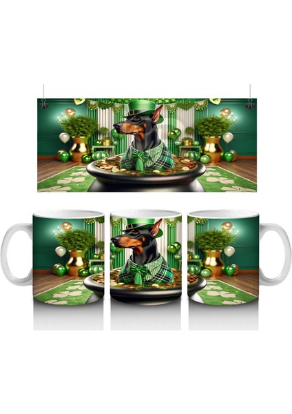 Altınlarla Dolu Kazanda Oturan St. Patrick’s Doberman - Baskılı Kahve Kupası