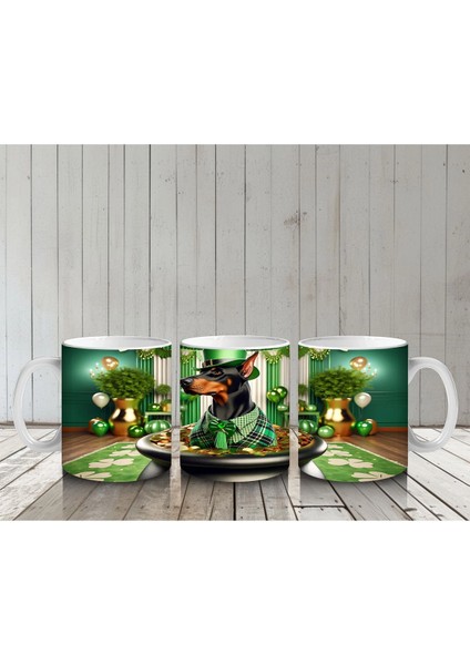 Altınlarla Dolu Kazanda Oturan St. Patrick’s Doberman - Baskılı Kahve Kupası