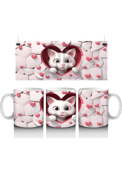 Kalpli Arka Planda Tatlı Kedi Figürü – Baskılı Kupa