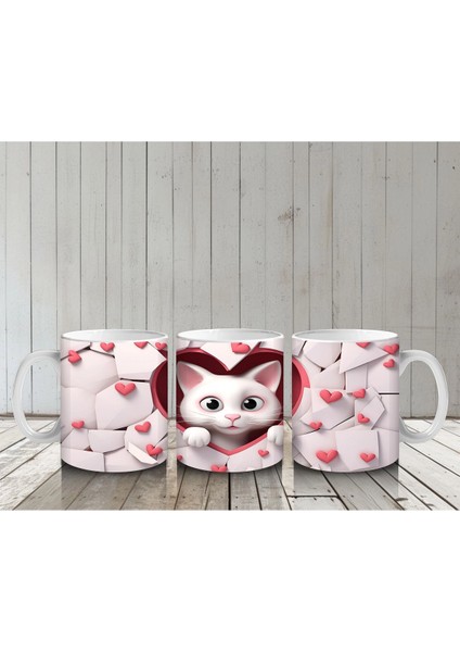 Kalpli Arka Planda Tatlı Kedi Figürü – Baskılı Kupa