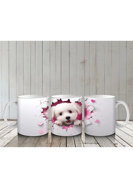Kalpler Arasında Bakan Pofuduk Beyaz Köpek – Baskılı Kahve Kupası