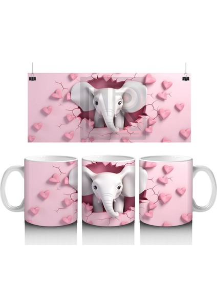 Kalplerle Süslenmiş Çatlak Zeminden Bakan Fil Tasarımı - Baskılı Kahve Kupası