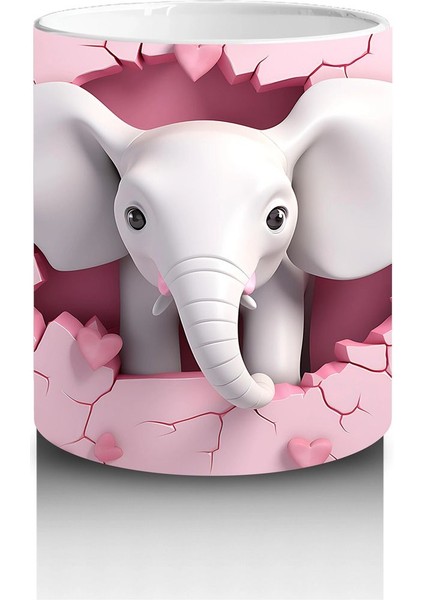 Kalplerle Süslenmiş Çatlak Zeminden Bakan Fil Tasarımı - Baskılı Kahve Kupası modelleri