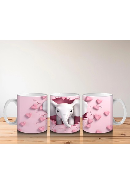 Kalplerle Süslenmiş Çatlak Zeminden Bakan Fil Tasarımı - Baskılı Kahve Kupası indirimleri