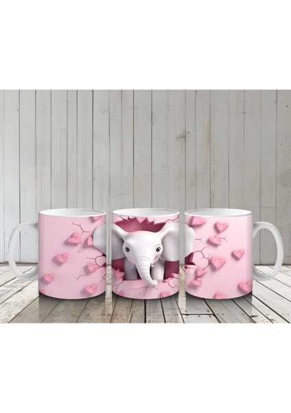 Kalplerle Süslenmiş Çatlak Zeminden Bakan Fil Tasarımı - Baskılı Kahve Kupası