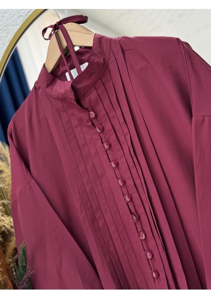 Maruna Poplin Pileli Düğmeli ELBISE-NA2404 Bordo fırsatları