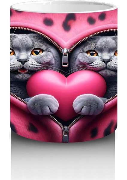 Kalpli Çerçevede Sarılmış Sevimli Gri Kedi Çifti - Baskılı Kahve Kupası modelleri