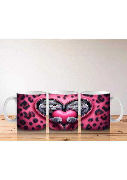 Kalpli Çerçevede Sarılmış Sevimli Gri Kedi Çifti - Baskılı Kahve Kupası indirimleri