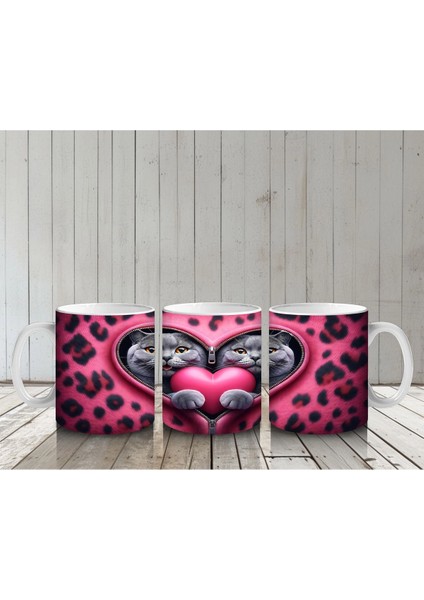 Kalpli Çerçevede Sarılmış Sevimli Gri Kedi Çifti - Baskılı Kahve Kupası