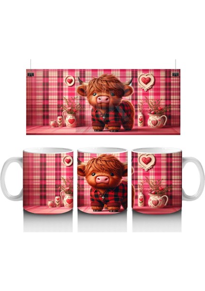 Pembe Kalpli Fon Üzerinde Sevimli Buzağı – Baskılı Kupa