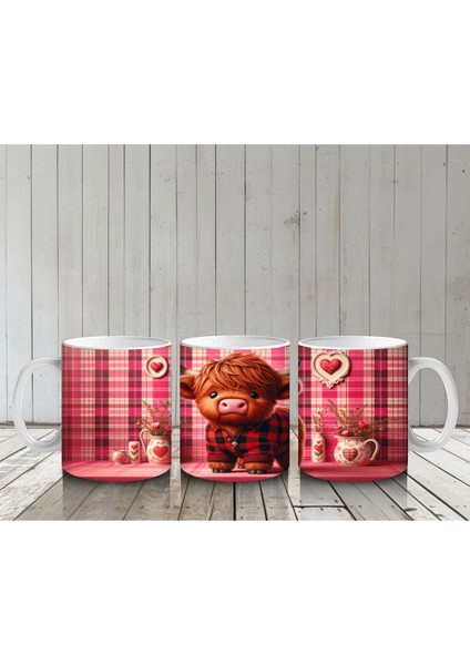 Pembe Kalpli Fon Üzerinde Sevimli Buzağı – Baskılı Kupa