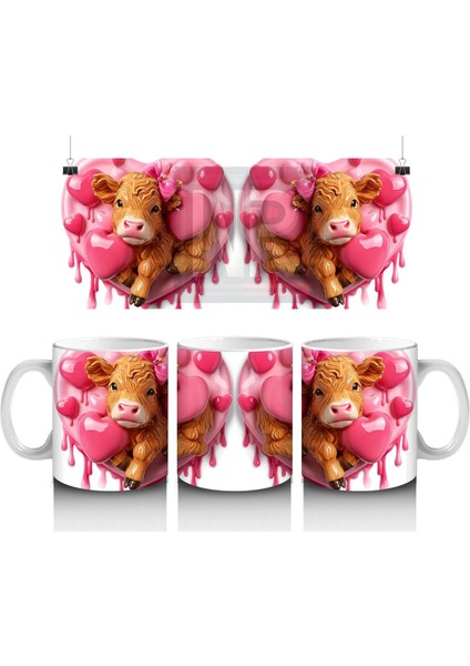 Kalpli Balonlarla Süslenmiş Sevimli Inek Figürleri – Baskılı Kahve Kupası