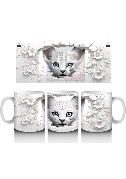 Beyaz Çiçekler Arasında Mavi Gözlü Kedi – Baskılı Kahve Kupası