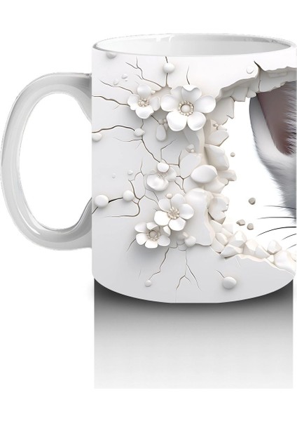 Beyaz Çiçekler Arasında Mavi Gözlü Kedi – Baskılı Kahve Kupası fiyatları
