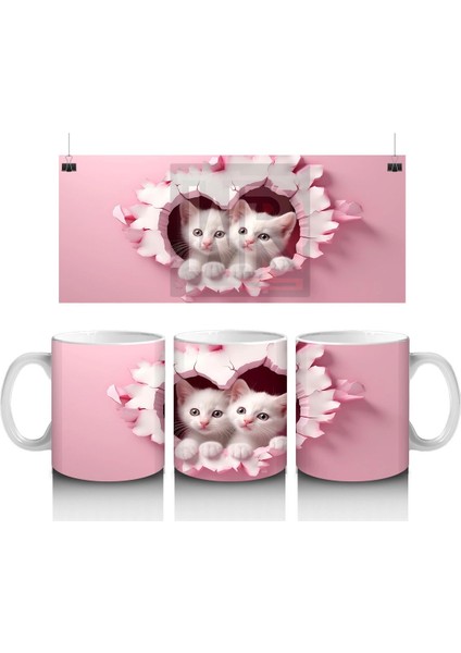 Kalp Duvarın Ardından Bakan Iki Sevimli Kedi – Baskılı Kahve Kupası
