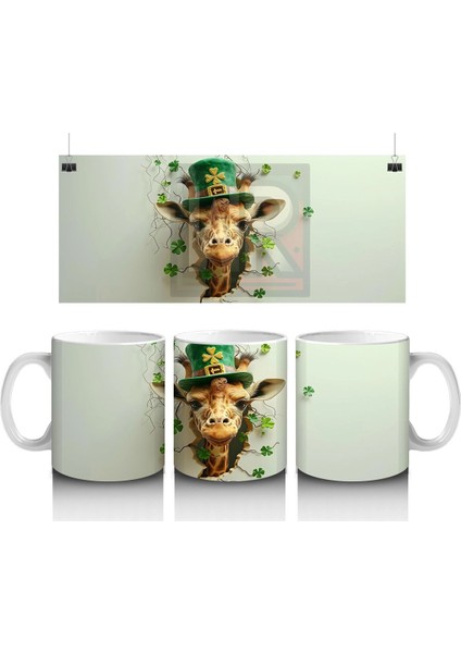 Yonca Yapraklarıyla Süslenmiş Şapkalı Zürafa – Baskılı Kahve Kupası