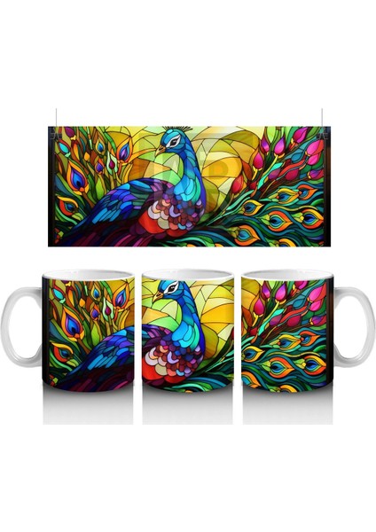 Canlı Renkli Tüyleriyle Mozaik Tavus Kuşu – Baskılı Kahve Kupası