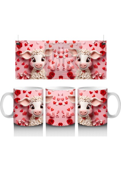 Kalpli Arka Planlı Sevimli Kuzu Tasarımı - Baskılı Kahve Kupası