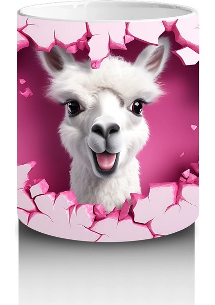 Pembe Arka Planlı Çatlak Zeminden Bakan Sevimli Lama - Baskılı Kahve Kupası modelleri