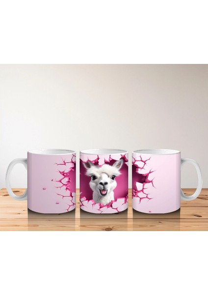 Pembe Arka Planlı Çatlak Zeminden Bakan Sevimli Lama - Baskılı Kahve Kupası indirimleri