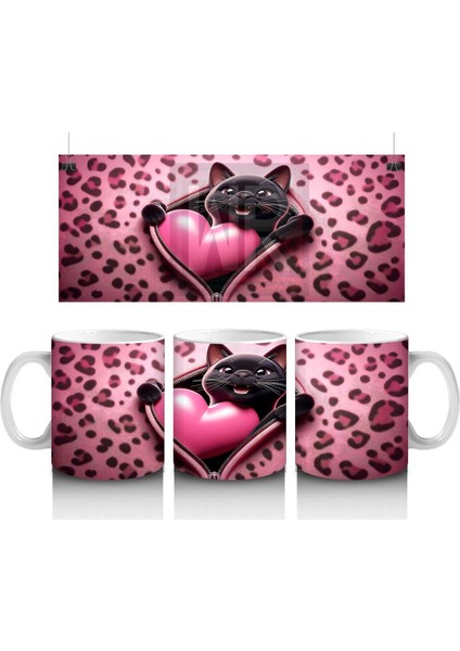 Pembe Kalpli Zeminde Kalpli Figür Tutan Sevimli Kara Kedi - Baskılı Kahve Kupası
