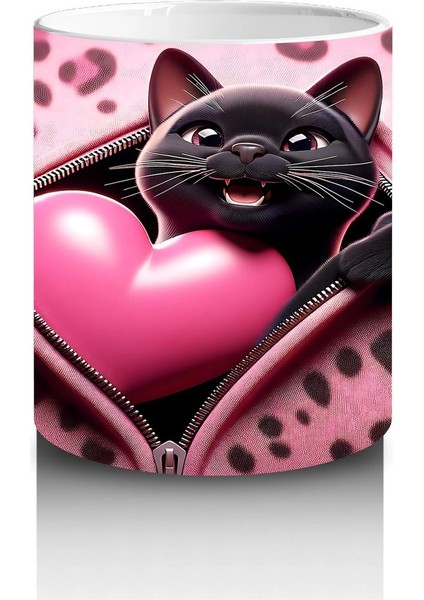 Pembe Kalpli Zeminde Kalpli Figür Tutan Sevimli Kara Kedi - Baskılı Kahve Kupası modelleri