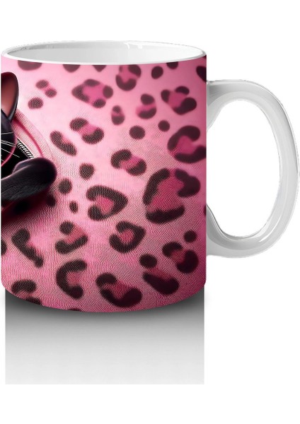 Pembe Kalpli Zeminde Kalpli Figür Tutan Sevimli Kara Kedi - Baskılı Kahve Kupası fırsatları