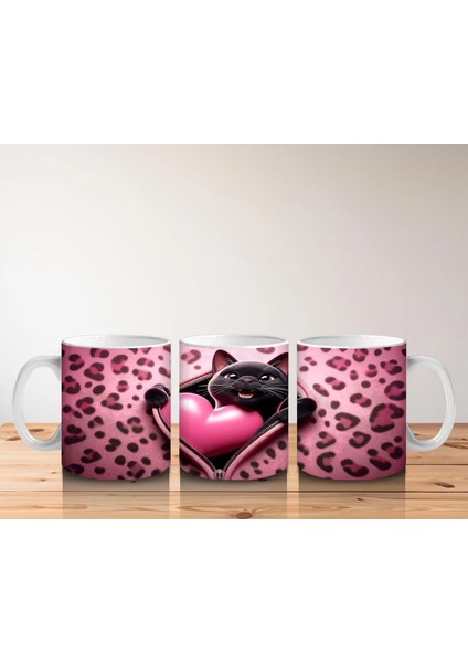 Pembe Kalpli Zeminde Kalpli Figür Tutan Sevimli Kara Kedi - Baskılı Kahve Kupası indirimleri