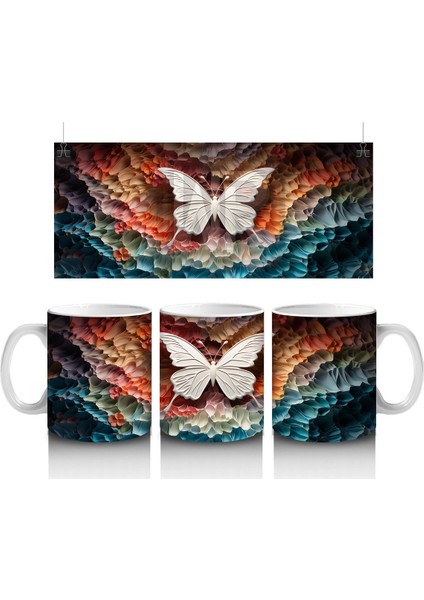 Turuncu Işıltılı Rölyef Doku Üzerinde Beyaz Kelebek – Baskılı Kahve Kupası