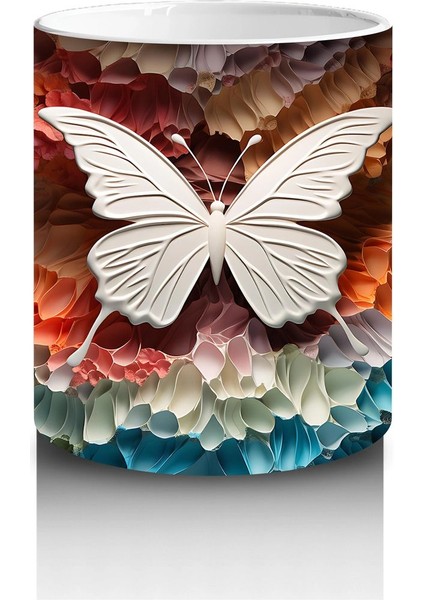 Turuncu Işıltılı Rölyef Doku Üzerinde Beyaz Kelebek – Baskılı Kahve Kupası modelleri