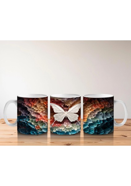 Turuncu Işıltılı Rölyef Doku Üzerinde Beyaz Kelebek – Baskılı Kahve Kupası indirimleri