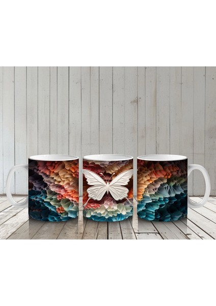 Turuncu Işıltılı Rölyef Doku Üzerinde Beyaz Kelebek – Baskılı Kahve Kupası