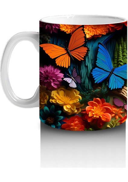 Renkli Cam Mozaik Desenli Mavi ve Turuncu Kelebekler – Baskılı Kahve Kupası fiyatları