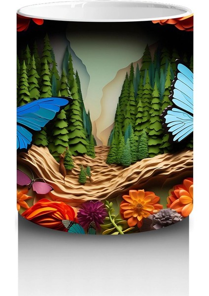 Renkli Cam Mozaik Desenli Mavi ve Turuncu Kelebekler – Baskılı Kahve Kupası modelleri