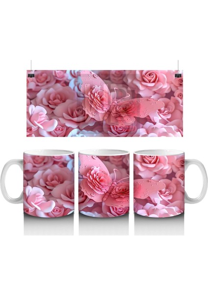 Pembe Çiçekler Üzerine Konmuş Kelebek – Baskılı Kahve Kupası