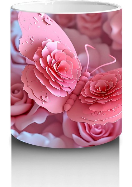 Pembe Çiçekler Üzerine Konmuş Kelebek – Baskılı Kahve Kupası modelleri