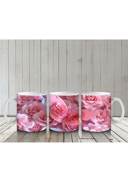 Pembe Çiçekler Üzerine Konmuş Kelebek – Baskılı Kahve Kupası