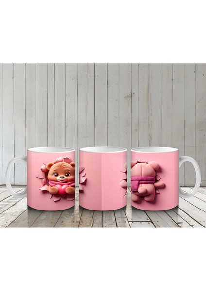 Pembe Fon Üzerinde Sevimli Ayıcık Yüzü – Baskılı Kahve Kupası